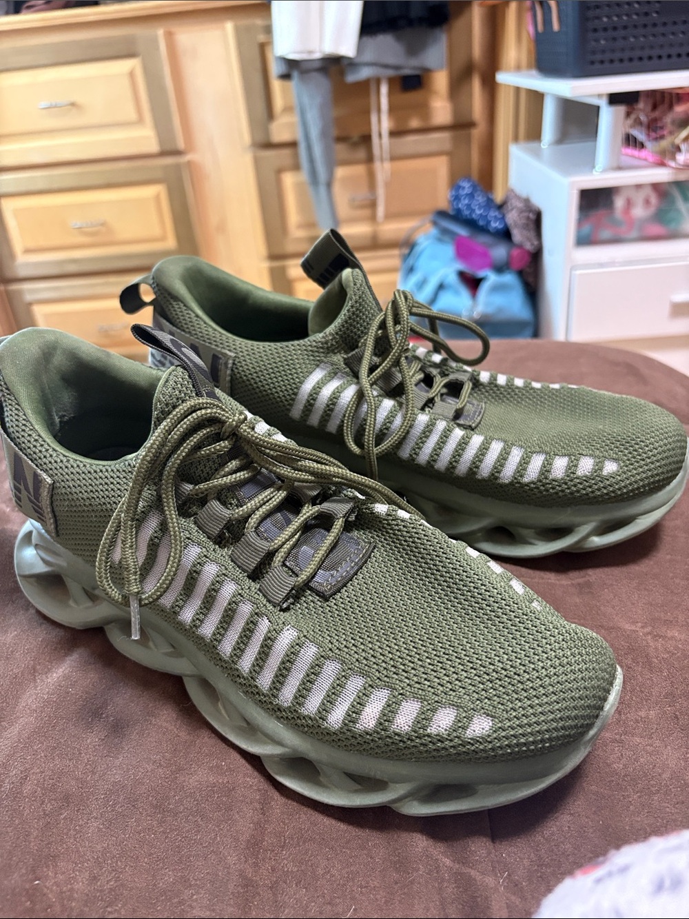 Olive Green Knit Running Sneakers with Sculpted Sole